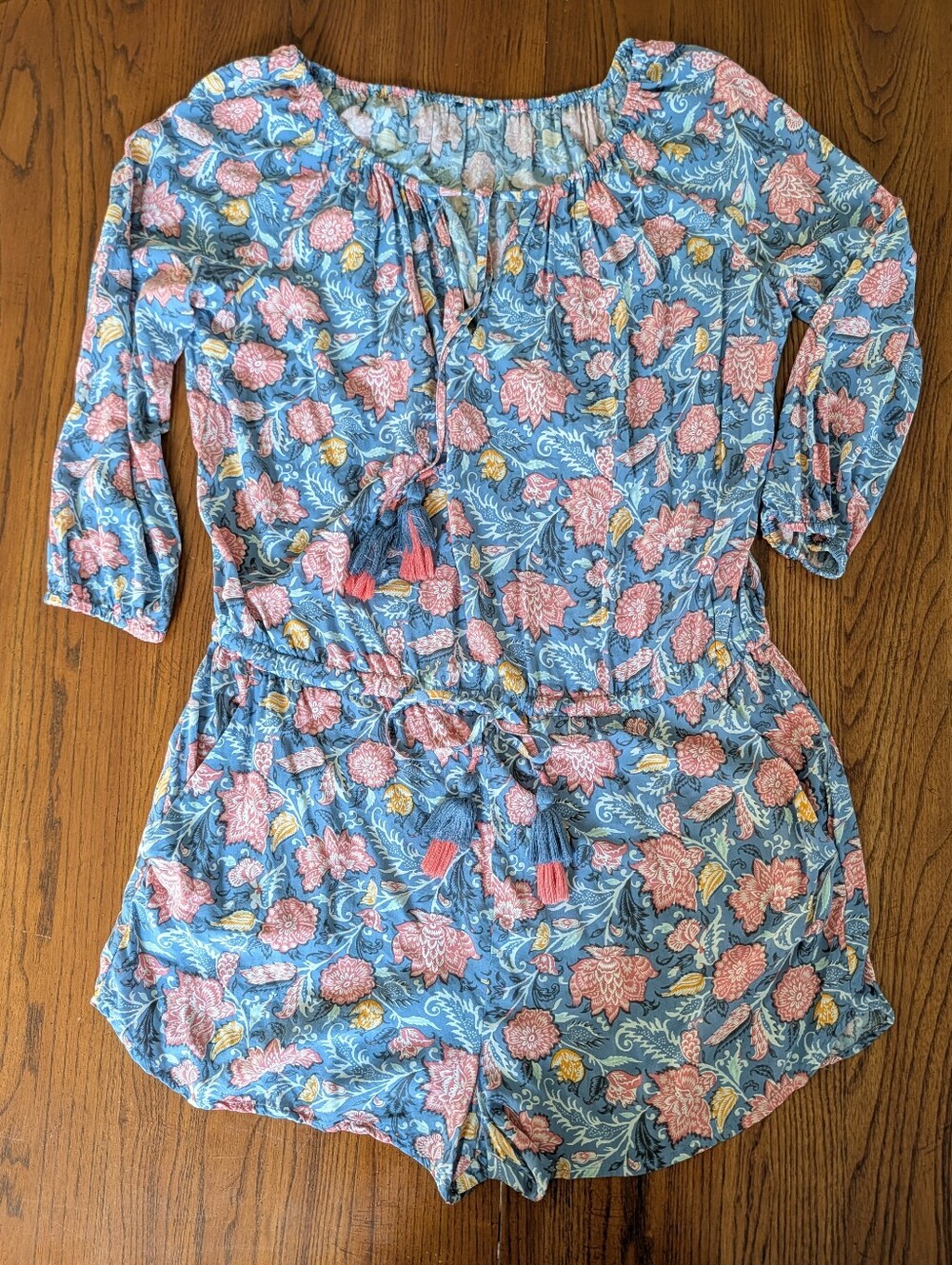 LOFT Blue Pink Floral Boho Tassel Romper Pockets L